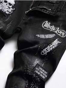 Y2K Ripped Jeans Men'S Slim-Fit Stretch Denim Jeans With Embroidered Distressed Details - Mid-Rise, Streetwear Style, All-Season Comfort, Casual Streetwear Jeans|Distressed Embroidery|Slim Fit Jeans Pantalones Para Hombre - 黑色 - 查看 4