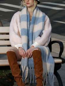 1pc Women's Light-Colored Plaid Cashmere Scarf, Blue & White Checkered Fuzzy Tassel Scarf Shawl, Suitable For Keeping Warm And Decoration, Can Be Given As Christmas Gift - Blue and White - View 2