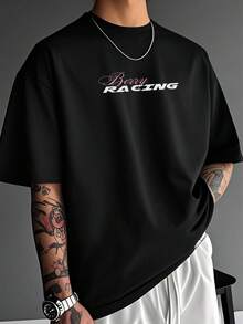 男士时尚百搭赛车文化图案印花短袖 T 恤 - 黑色 - 查看 3