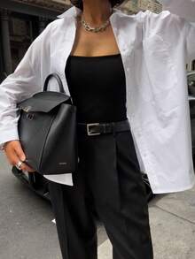 QIANZHIDU Elva Women's Solid Color Loose Long Sleeve Business Interview Commute Casual Minimalist Shirt, Suitable For Back To School, Graduation, Office, Spring, Summer, Autumn Wear, Simple And Elegant, Suitable For Spring, Summer, Autumn. Loose Shirt, Women's Clothing For Spring, Summer, Autumn, Elegant Women's Wear. Valentine's Day, New Year Outfit - White - View 12