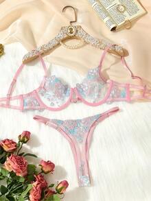 2件套性感蕾丝刺绣文胸+丁字裤内衣套装，女士情人节礼物 - 粉色 - 查看 7