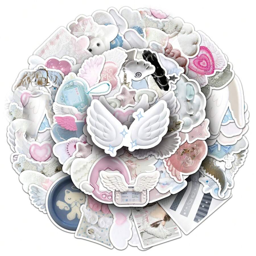 50张银色幸运翅膀贴纸，Y2K风格贴纸，Y2K市中心贴纸，Y2K礼物，90年代复古贴纸，防水乙烯基贴纸，适用于信封、水瓶、电脑、笔记本电脑、手机、行李箱、笔记本、冰箱等。