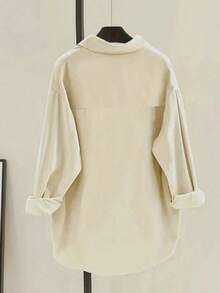 女士灯芯绒纽扣衬衫，宽松休闲长袖时尚开衫外套，2025秋季超大款上衣，女士前幅刺绣衬衫春季款 - 杏色 - 查看 4