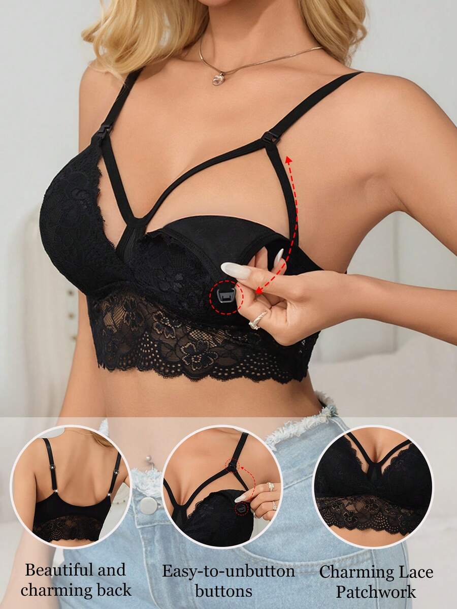 Áo ngực cho bà bầu không đệm mút, màu trơn, viền ren (Vui lòng đặt mua lớn hơn một cỡ để thoải mái hơn) - màu đen - Xem 1