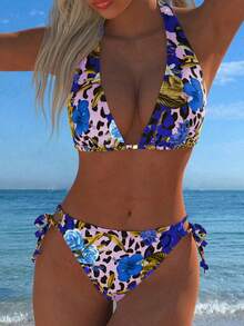 Bộ bikini họa tiết hoa báo xanh thời trang và thanh lịch dành cho nữ - Màu xanh lam - Xem 1