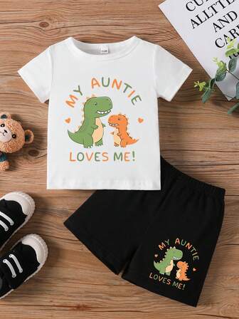 2pcs Baby Boy Animal & Letter Print Short Sleeve Top And Shorts Set, Summer