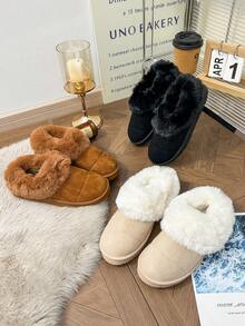 Damen Schwarze Lässig Kunstfell gefütterte Schneestiefel, bequeme warme thermisch gefütterte Hausschuhe für Innen- und Außenbereich, Winter - Schwarz - Übersicht 7