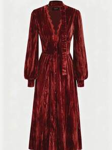 Solstice Apparel 大码褶皱天鹅绒露背V领长款连衣裙，泡泡袖长袖收腰修身连衣裙，优雅风格，通勤、聚会和新年派对的完美之选，秋冬必备单品 - 紅色 - 查看 4