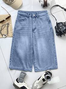 Quần jean Bermuda ống rộng và quần short denim dài đến đầu gối kiểu vintage Y2K với túi chéo, họa tiết râu mèo, quần short thường ngày mùa hè. - Màu xanh lam - Xem 5