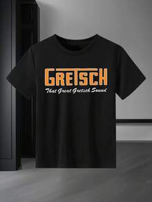 Men'S Casual "Gretsch" Graphic T-Shirt - Short Sleeve, Round Neck, Cotton Fabric, Summer Style, Regular Fit, Adult Size, Music-Themed Tee | Bold Lettering Shirt | Stretchy Fabric - màu đen - Xem 8