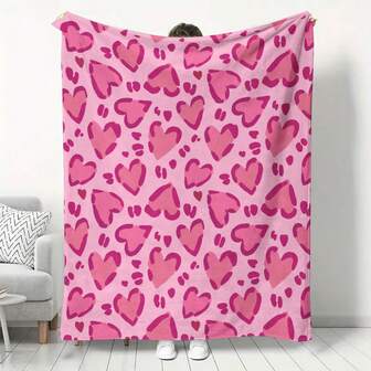 1pc Soft & Cozy Red Leopard Print Heart Pattern Flannel Blanket, With Printed Patchwork Design, Warm & Versatile Throw Blanket For Sofa, Bed, Travel & Camping, All Seasons