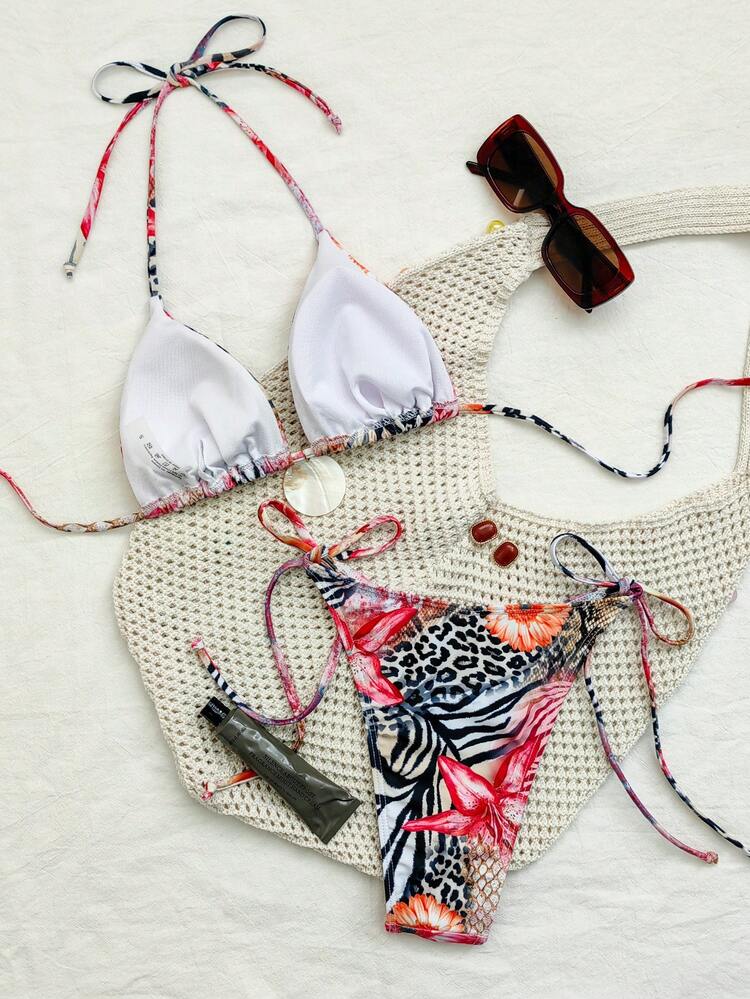 Women's Leopard Sunflower Print Sexy Personalized Swimsuit Set, With Tie Shell Accessories, Suitable For Christmas, Beach Vacation And Other Occasions, Women's Summer Beach Bikini (2026 Style), Elegant Beach Resort Bikini Two Pieces Set - Multicolor - View 3