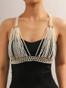 DEKUNER 一件时尚珍珠束身衣，女士配饰，经典音乐节派对上衣，也是一份很棒的礼物 - 金色 - 查看 7