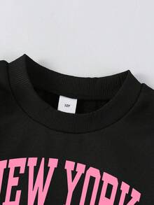 Young Women's Minimalist Fashion Pink Bow & Letter Print Black Top And Pink Pants Sports Suit, Autumn/Winter - Pink - View 5