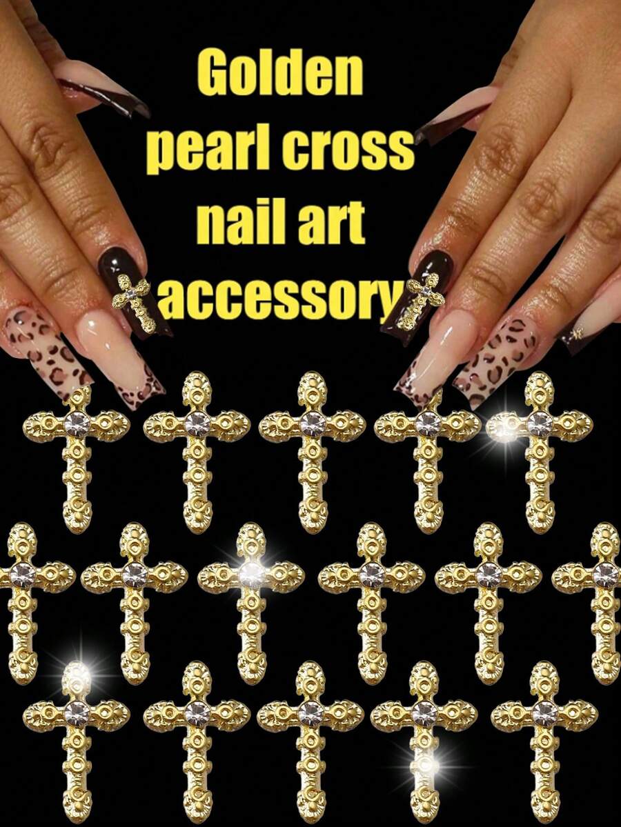 30 piezas/paquete Decoraciones de uñas de cruz dorada de arte de uñas, encantos de cruz de metal para arte de uñas para suministros de diseños DIY, pegatinas decorativas, dijes de uñas, gemas de uñas, suministros de uñas