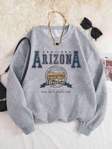 Plus Size Women's Street Fashion, Arizona Themed Graphic Print, Loose Long Sleeve Crew Neck Sweatshirt, Fun Style, Solid Color Crew Neck Sweatshirt For Girls, Suitable For Daily Wear, Outings, Parties, School, Music Festivals, Vacations, Commuting. Can Be Given As A Gift To Family, Boyfriend, Girlfriend, Friends, Sweatshirt, Winter Wear, Women's Pullover, Girls' Pullover - Grey - View 2