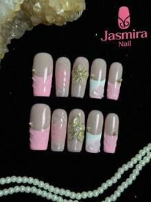 10 Pcs Set Of Pure Handmade Press-On Nail Tips, Medium-Length Elegant Nails, Y2K Press-On Square Nails, Pink Nails, White Nails, Classic French Style, Hand-Carved Designs, Nail Gemstone Embellishments, Shaped With Gel, Suitable For Women And Girls For Home, Parties, Birthdays, And Various Holiday Occasions, Diy Cute Nails. - Nhiều màu - Xem 2