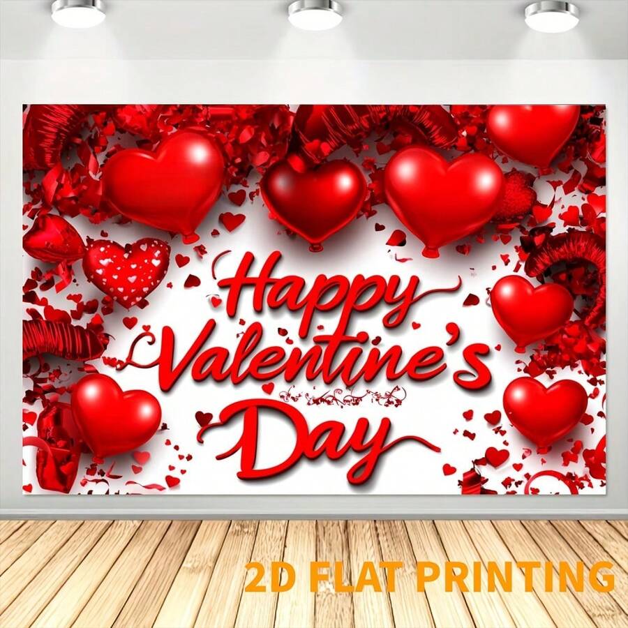 1 pieza Tela de fondo cálida y romántica para el Día de San Valentín, diseñada con globos con forma de corazón rojo, cintas con forma de corazón rojo, adecuada para decoración festiva - Decoración del Día de San Valentín, patio, jardín, decoración de la sala de estar, accesorios de fotografía, decoración de aniversario - Multicolor - Ver 1