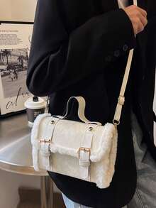 Bolso de cubo de piel sintética blanco cremoso para otoño/invierno. Bolso pequeño vintage con parches de piel sintética de cordero, bolso bandolera y de hombro, estilo dulce de chica - Blanco - Ver 3