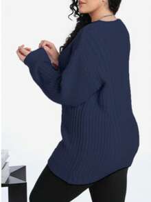 Maglione casual a maniche lunghe tinta unita, taglia comoda, adatto per autunno/inverno - Blu reale - Visualizzare 2