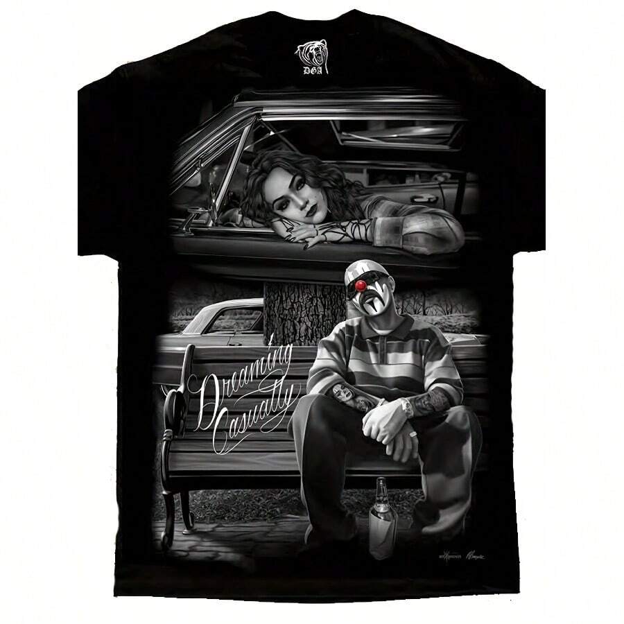 Men's Oversized David Gonzales DGA Chicano Art Lowrider Homies Graphic T-Shirt - Black Vintage Car & Character Print, Anime Manga Streetwear, Casual Round Neck Tee For Casual Attire - 黑色 - 查看 1