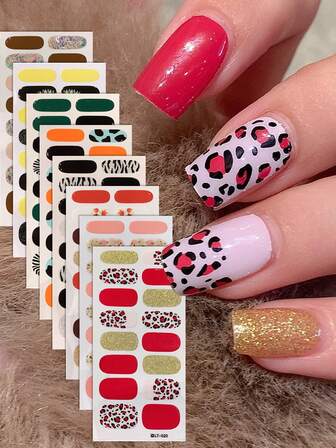 8pcs Leopard Print, Floral, Solid Color, Glitter Nail Stickers With Full Coverage, Suitable For Women & Girls Nail Art DIY