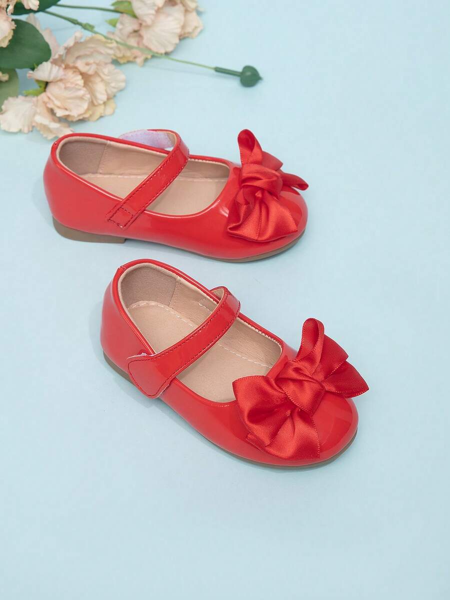 Girls' Cute Bow Decor Round Toe Flat Shoes, Princess Style, Spring/Autumn - Red - View 1