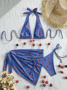 Bộ bikini nữ gợi cảm phong cách Boho buộc dây cổ, in hình quả anh đào, áo buộc dây sau lưng và váy che ngoài, đồ bơi co giãn tốt cho bãi biển. - Nhiều màu - Xem 4