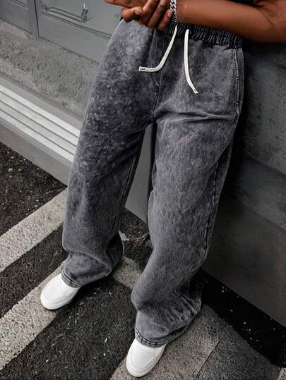 男士秋季水洗做旧黑色运动裤，宽松直筒，抽绳口袋，百搭休闲裤，适合日常休闲穿着，可作为送给男友的礼物