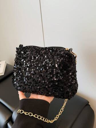 Fashionable New Sequin Shoulder Bag, Versatile Chain Strap Small Square Bag For Women