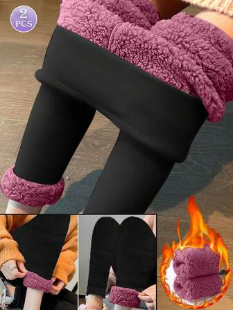 2pcs/Set 500g Thick Cloud Fleece Tights, New High Waist Embroidered Ribbed , Warm Lined Skinny Tights For Winter, Cozy