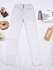 Fashion Rave Silver High Waist Stretch Button Fly PU Leather Skinny  Pants - Silver - View 7