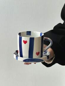1pc Classic Striped Heart Ceramic Coffee Cup & Saucer Set, Cute Korean Ins Style Mug, Paired With Classic Striped Heart Coaster, Adorable, Creative, Personalized Breakfast Cup, Tea Cup, Coffee Cup - Perfect Birthday And Holiday Gift, Suitable For Home Use, Great Gift For Him, Fun Cup. - Multicolor - View 22