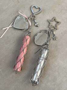 Metal Lipstick Holder Clip-On, With Replaceable Stainless Steel Mesh Bag, Heart & Star Decorated Lipstick Case Keychain, Includes Mini Mirror, Fashionable Hanging Decor For Lipstick & Cosmetics, Stylish Bag Charm For Purse & Wallet, Portable Makeup Accessory For Women, Girls, Beauty Enthusiasts & Gift Givers - Silver - View 4