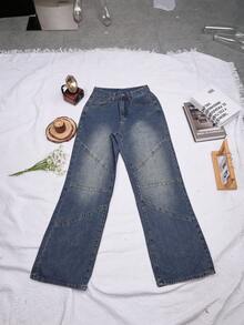 Casual Street Style Slant Pocket Patchwork Stitching Detail Distressed Loose Wide Leg Jeans, Autumn Clothing - Blue - View 5