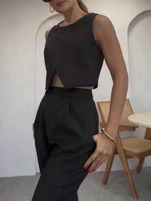 女士优雅无袖圆领梭织衬衫，不对称设计，带纽扣 - 黑色 - 查看 2