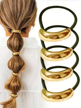 4/1 pieza Scrunchies de metal dorado para mujer - Accesorios de pelo elásticos con diseño geométrico, adecuados para cabello grueso, elegantes accesorios de pelo vintage para cumpleaños y ocasiones especiales, diseño delicado, ajustable y flexible, sujetadores de cola de caballo, bandas de goma para el cabello, cuerdas para el cabello