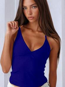 Minimalist Halter Top With V-Neck And Neck Tie - Summer - 寶藍色 - 查看 3