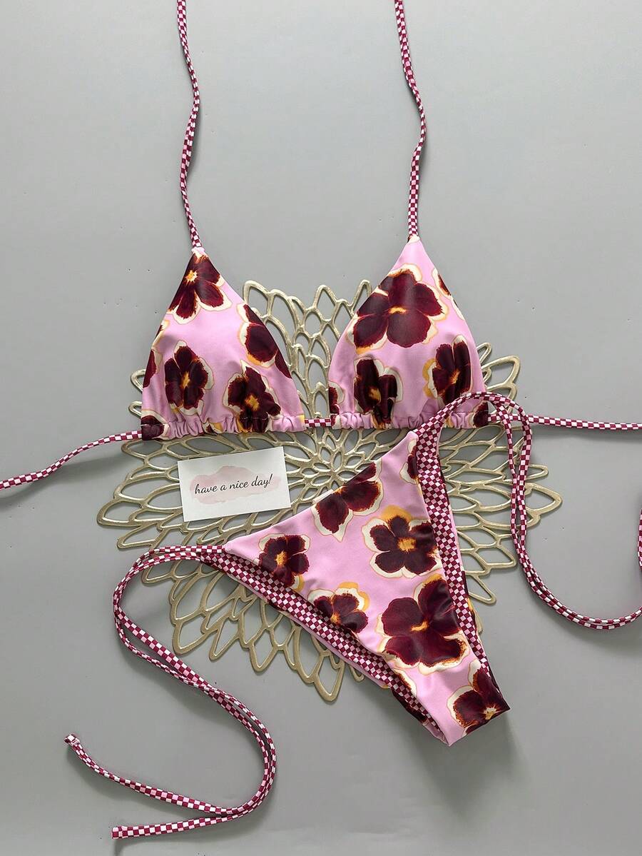 2pcs Retro Floral Colorblock Plaid Print Personalized Women Bikini Swimwear, Suitable For Beach, Pool, Cruise, Party In Spring And Summer