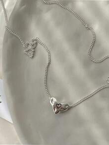1pc Graffiti Heart Necklace For Women, Indie Sweet Asymmetrical Lava Heart Clavicle Chain - Silver - View 4