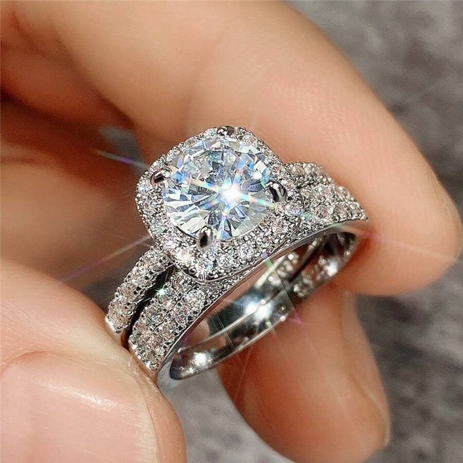 2Pcs Women's Fashion Noble Zirconia Wedding Ring Set Wedding Band Anniversary Gift Party Valentine's Day Engagement Women Jewelry Size 4-11# - Silver - View 1