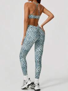 NcmRyu 一套女士豹纹弹力交叉前后运动文胸和紧身裤运动服套装 - 白色 - 查看 8