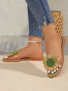 绿色女士平底凉鞋，纯色可爱仙女图案PU皮革贴花女士平底凉鞋，适合度假、派对、海滩、户外活动、春夏季穿着 - 綠色 - 查看 5