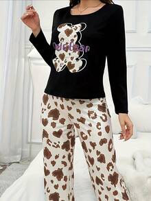 2 piezas Conjunto de pijama cómodo y casual para mujer con estampado de dibujos animados, top de manga larga y pantalones - Negro - Ver 3