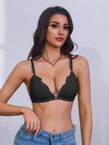 1 pieza Sujetador con cierre delantero cómodo con decoración de encaje, diseño de moda adecuado para uso diario, ajuste perfecto y soporte en varios tamaños - Negro - Ver 5
