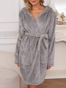 1pc Women's Solid Color Hooded Belted Plush Bathrobe, Comfortable & Warm Sleepwear For Autumn/Winter - Grey - View 1