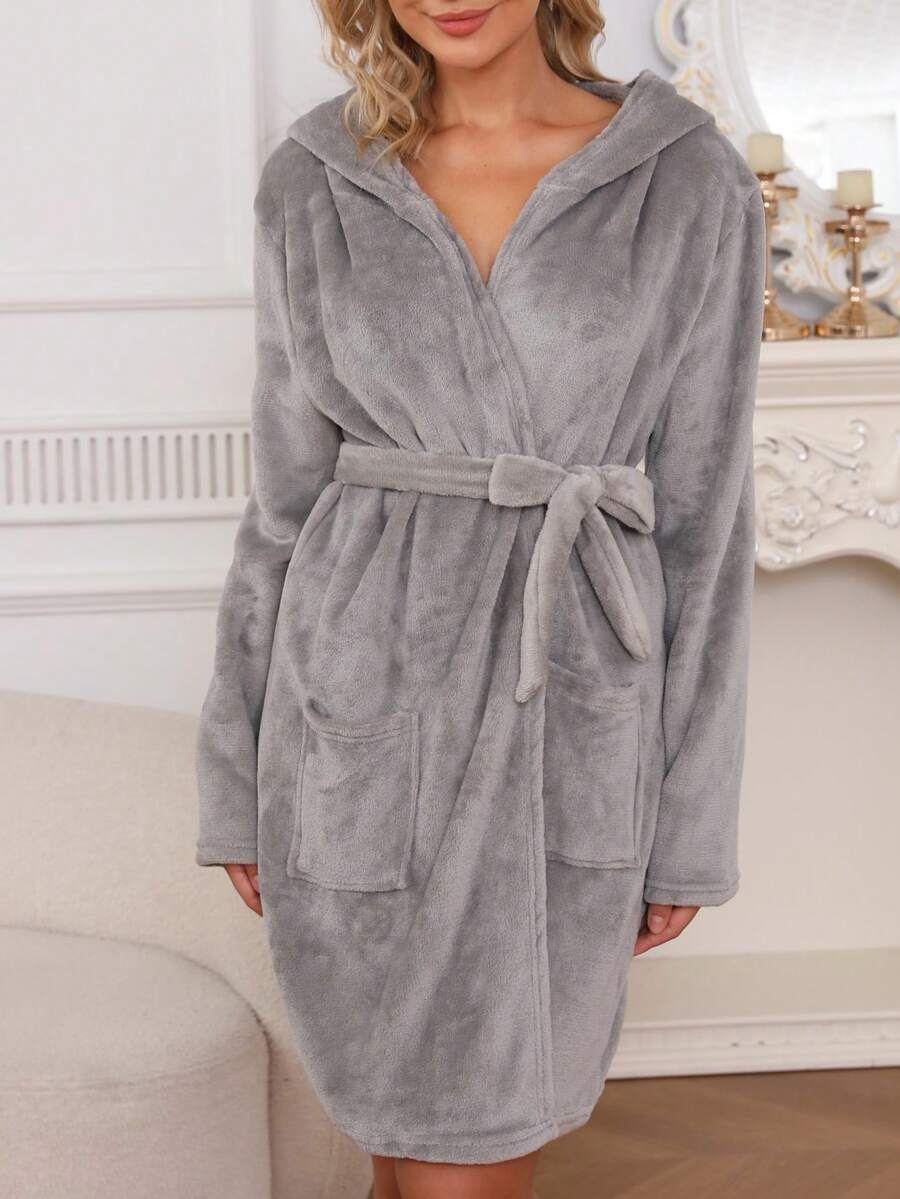 1pc Women's Solid Color Hooded Belted Plush Bathrobe, Comfortable & Warm Sleepwear For Autumn/Winter - Grey - View 1