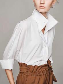 Women's Elegant High Collar Long Sleeve Blouse - Lightweight Solid Color Top For Summer, Machine/Dry Cleanable, Suitable For Casual And Formal Occasions - Refined Series, Formal Style, Fine Texture Solid Color Front Button Office Wear White Spring - White - View 5