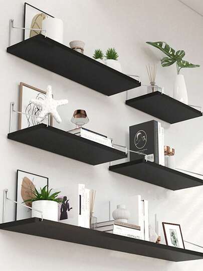 1个免钻孔单层壁挂式书架，壁挂式悬浮置物架，可用于摆放植物、装饰品、宿舍用品，木质储物架