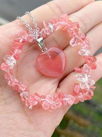 Set de 2 piezas de collar con colgante de corazón de amatista y pulsera de piedra triturada, piedra rosa, pulsera de pareja, amor, pulsera y collar, Día de San Valentín, regalo de intercambio escolar
